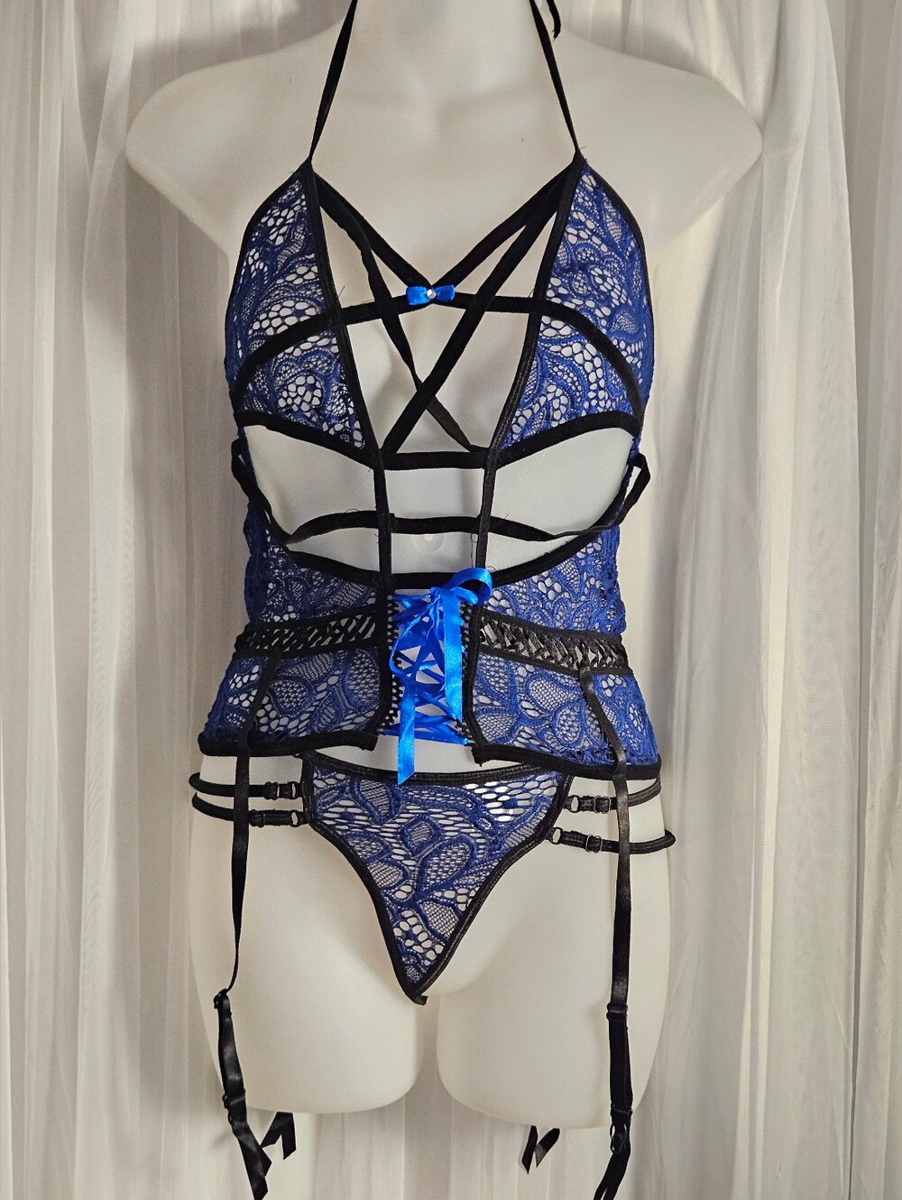 Women's Blue Lace Strappy Lingerie Set by